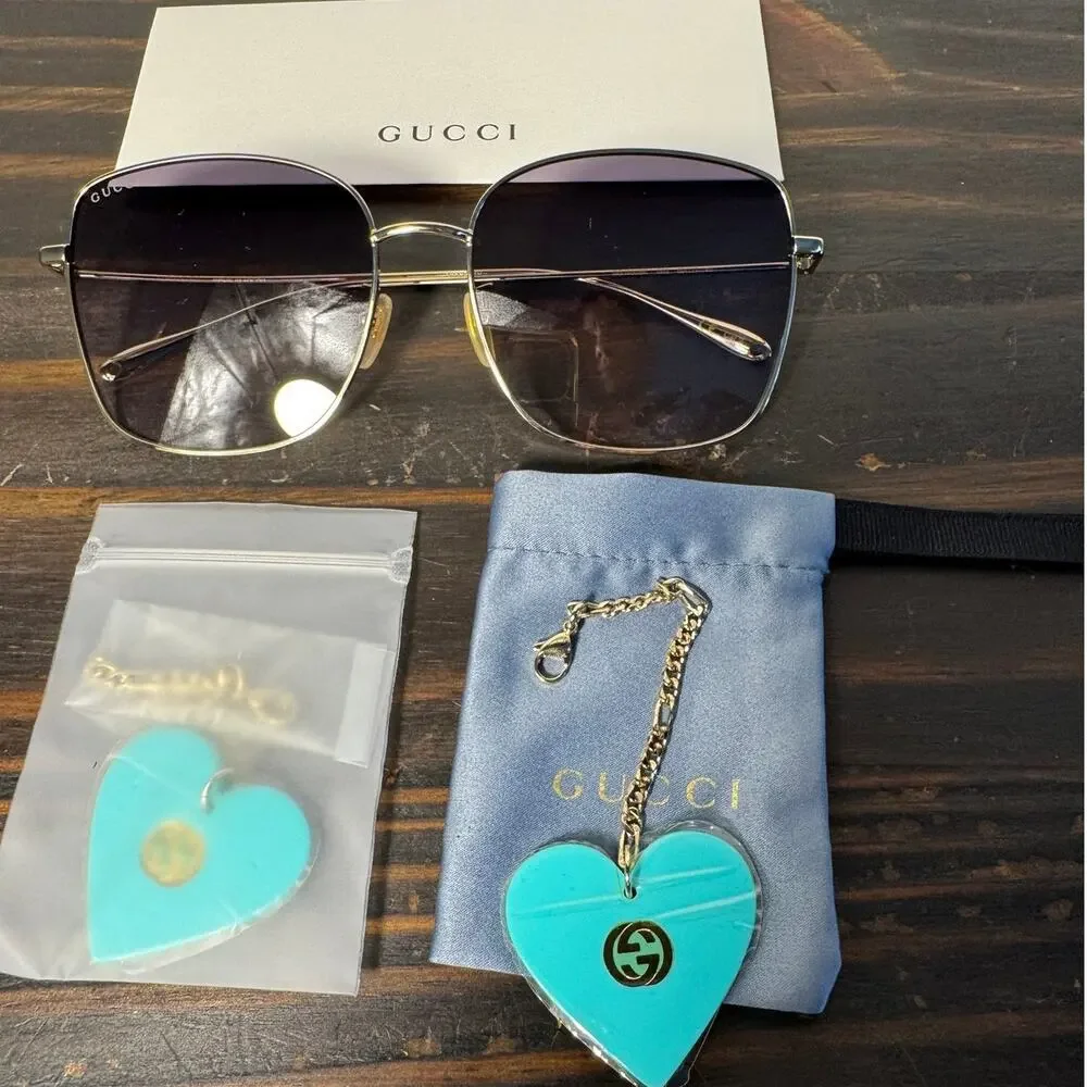 GUCCI Square Frame Gold/Grey Sunglasses with Charms,‎ Bags